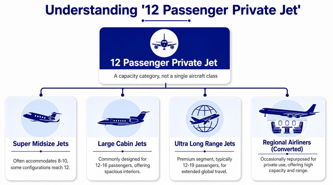 An infographic detailing the four main types of aircraft that can accommodate 12 passengers for private travel.