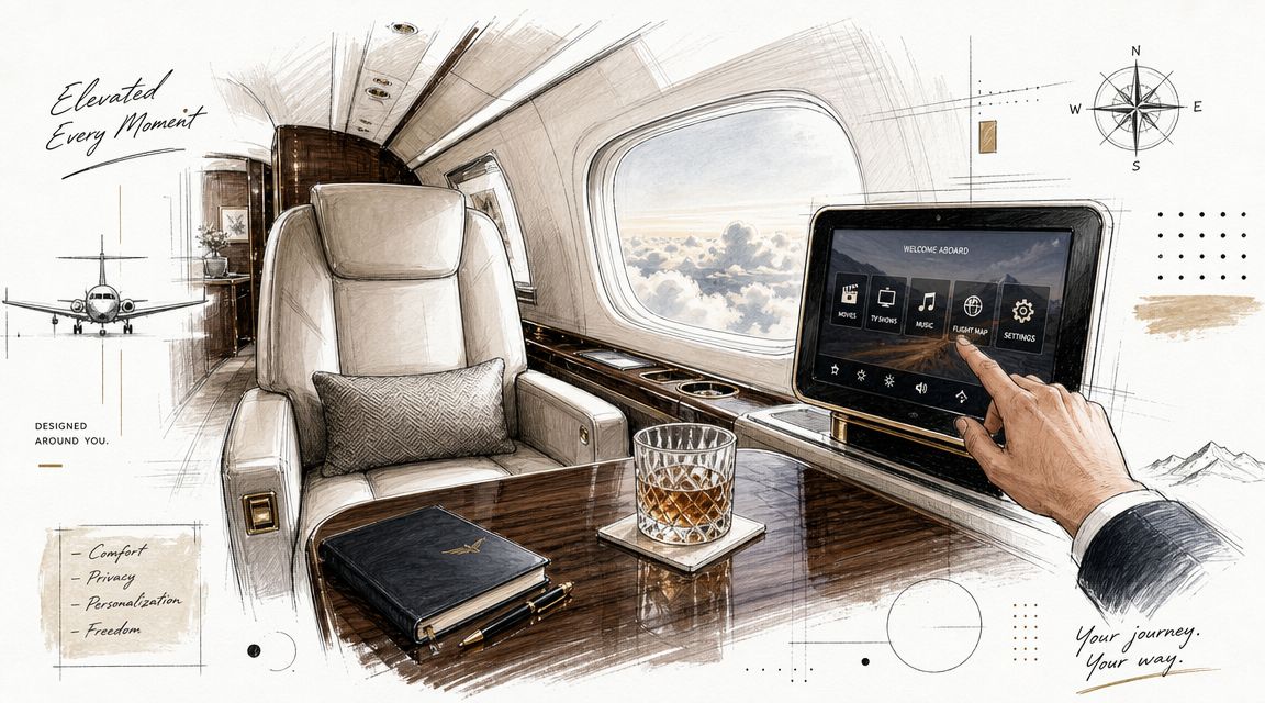 A luxurious private jet cabin interior featuring a comfortable seat, a touchscreen display, and a drink.