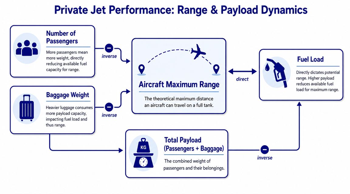 A diagram illustrating the inverse and direct relationships between payload, baggage, and the range of a private jet.