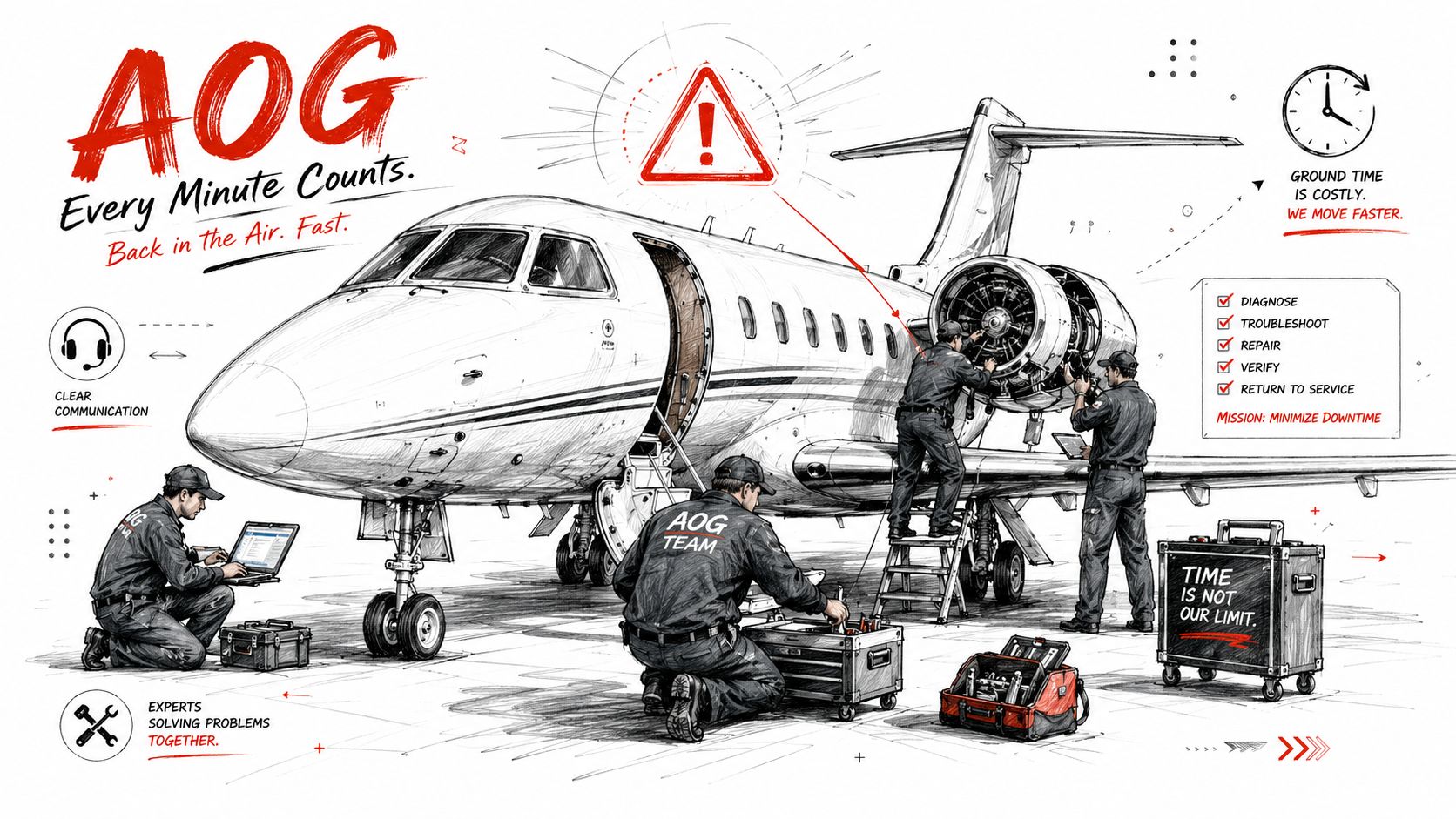 A group of technicians performing maintenance on a business jet engine on the tarmac with specialized tools.