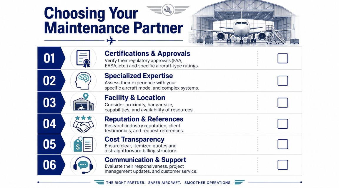 A checklist titled Choosing Your Maintenance Partner for selecting an aviation maintenance provider for business jets.
