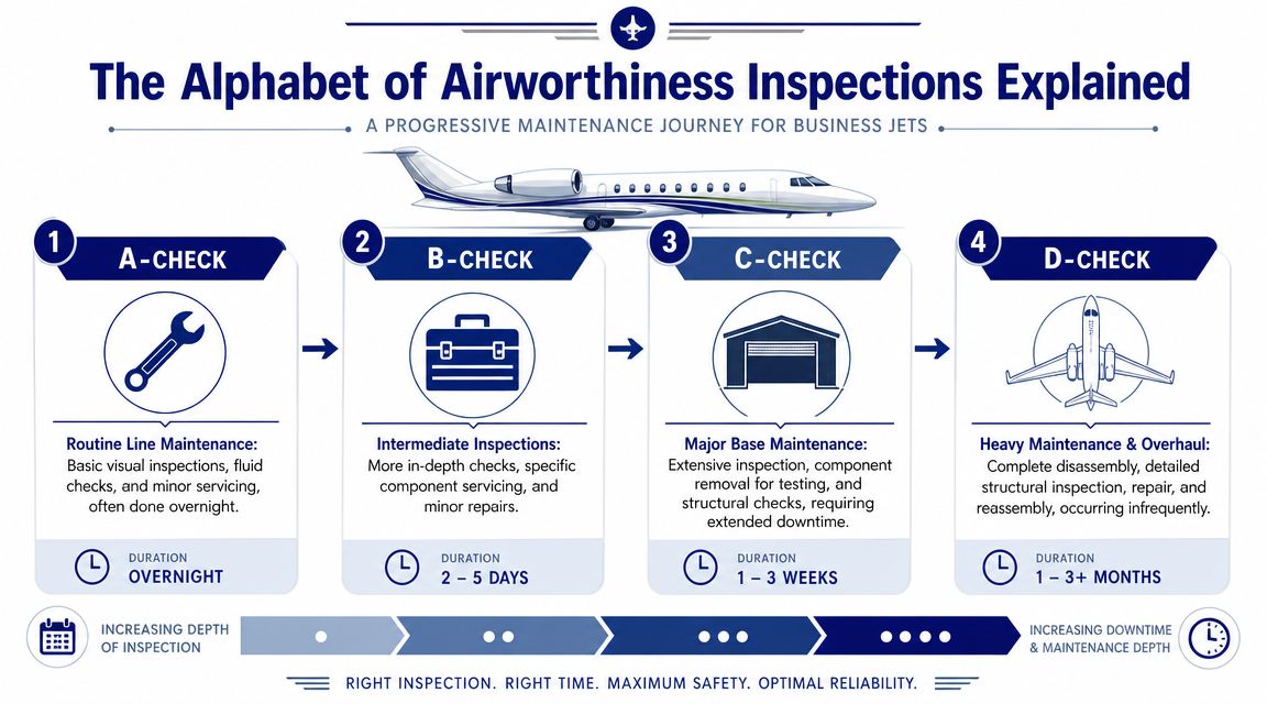 A visual guide explaining the four levels of airworthiness inspections for business jets from A to D.