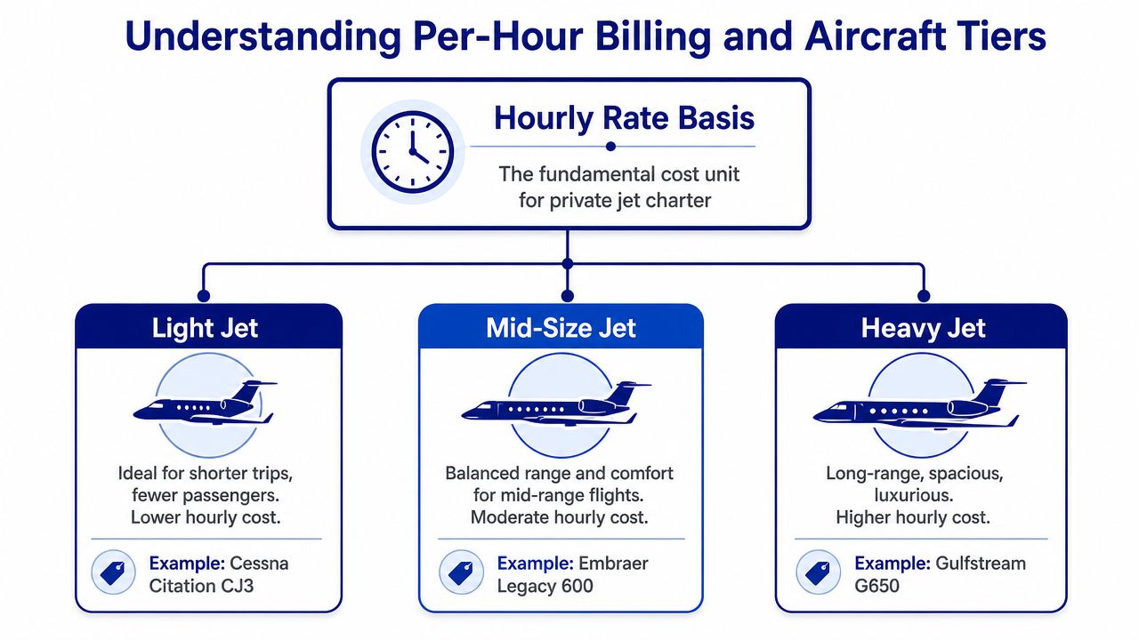 A diagram explaining private jet charter billing tiers including light, mid-size, and heavy aircraft types.