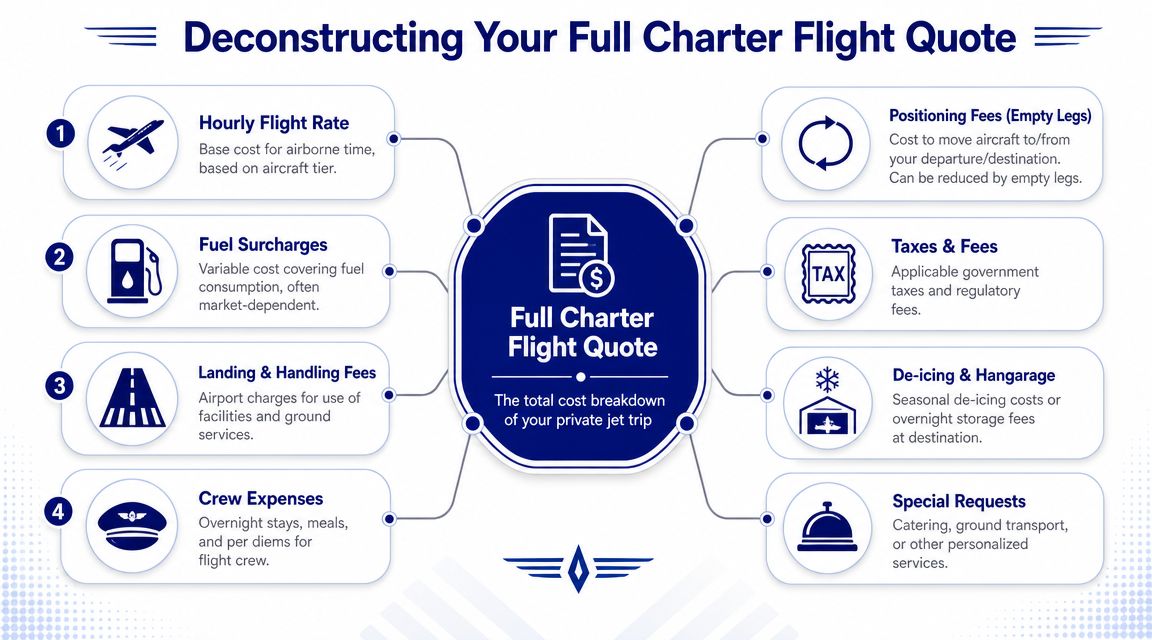 An infographic detailing the various cost components of a private jet charter flight quotation.