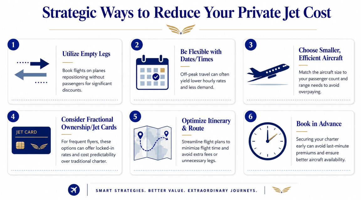 An infographic detailing six strategic ways to reduce private jet charter costs for better travel value.