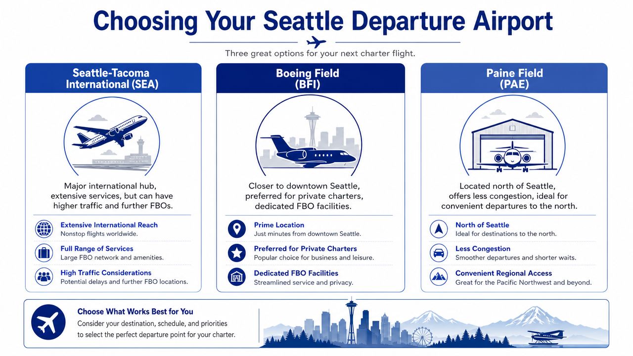 An infographic comparing three Seattle-area airports for charter flights: Sea-Tac, Boeing Field, and Paine Field.