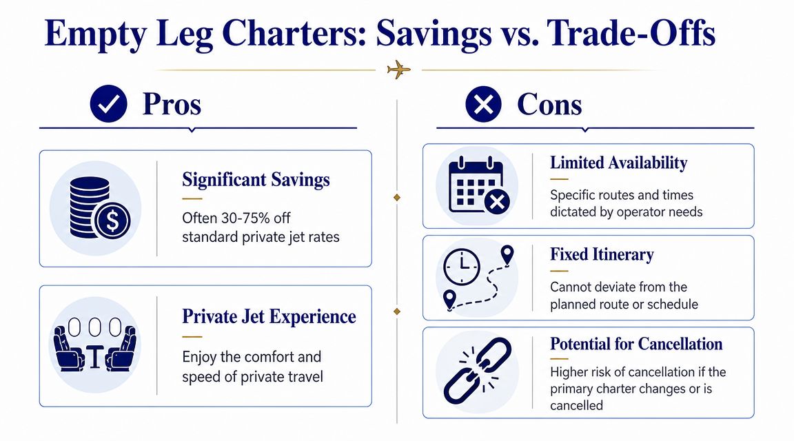 A comparison chart outlining the pros and cons of booking empty leg private jet charter flights.