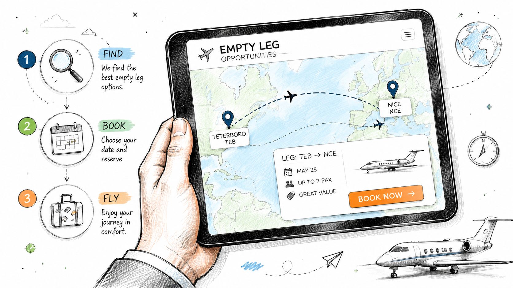 A hand holding a tablet displaying an empty leg charter flight booking interface on a digital map.