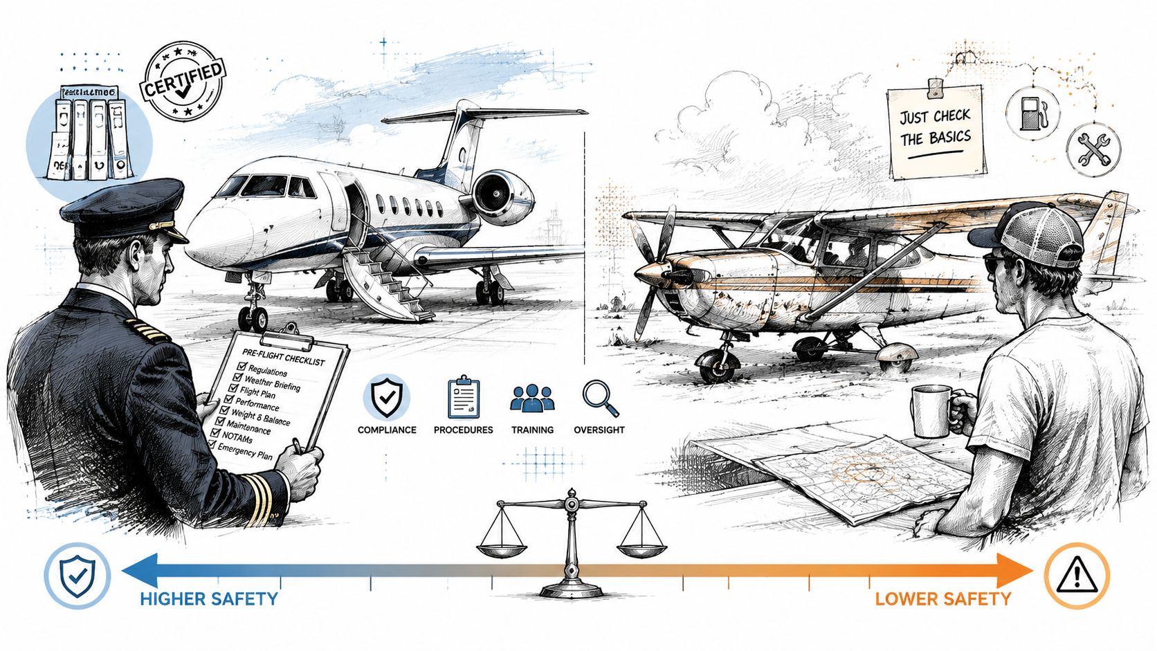 An illustration contrasting professional pilot safety procedures with casual private aviation practices on a spectrum.