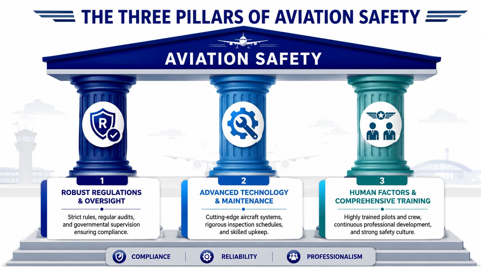 An infographic titled The Three Pillars of Aviation Safety, illustrating regulations, technology, and training as foundational elements.