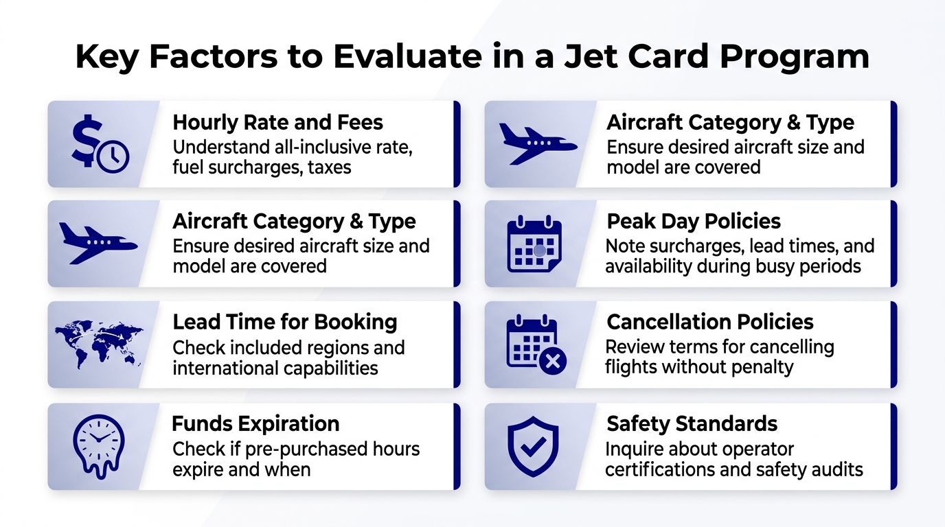 An infographic titled Key Factors to Evaluate in a Jet Card Program with eight essential industry considerations.
