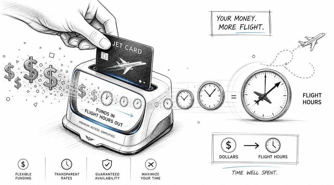 A hand inserting a jet card into a toaster transforming dollars into flight hours on a clock.
