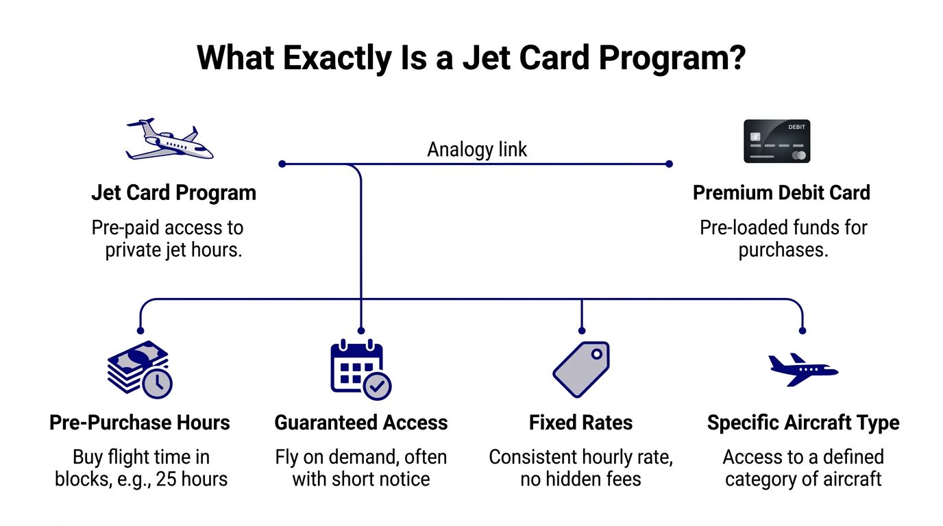 An infographic explaining jet card programs by comparing them to a premium debit card with pre-loaded funds.