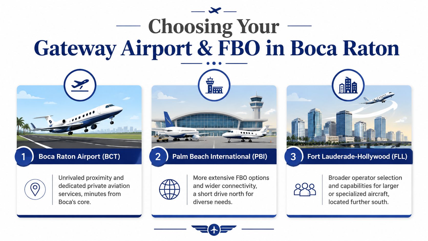 An infographic comparing three airport options for private jet travel in the Boca Raton area.