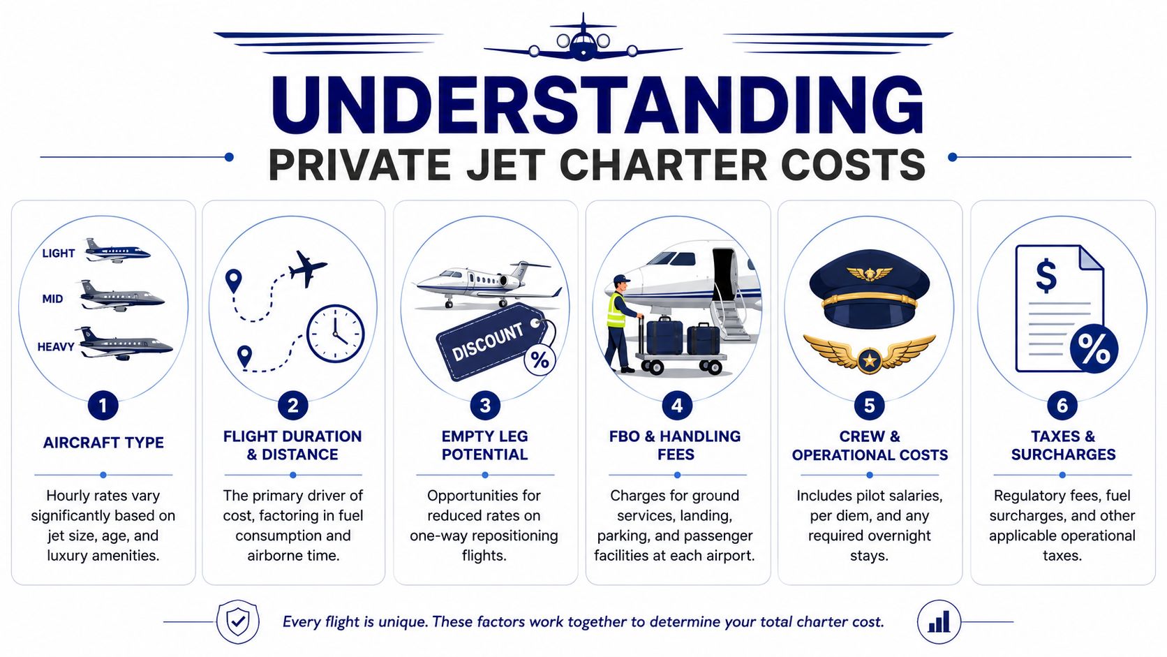 An infographic detailing the six primary factors that influence the total cost of private jet charters.