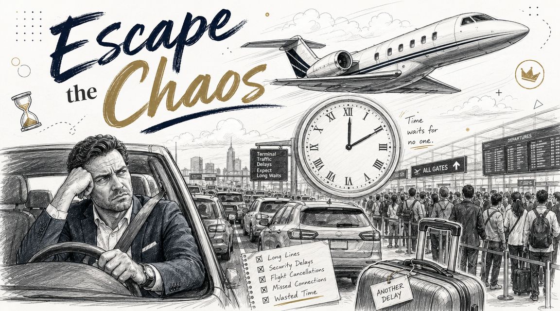 A frustrated businessman stuck in traffic, contrasting the chaos of travel with a private jet escape.