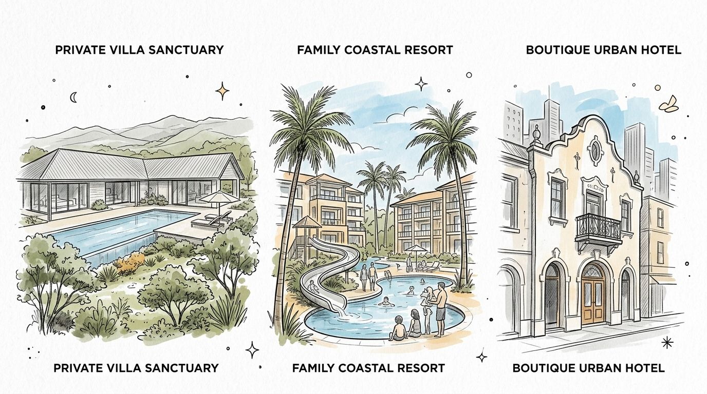 Three watercolor-style illustrations depicting a private villa, a family coastal resort, and a boutique urban hotel.