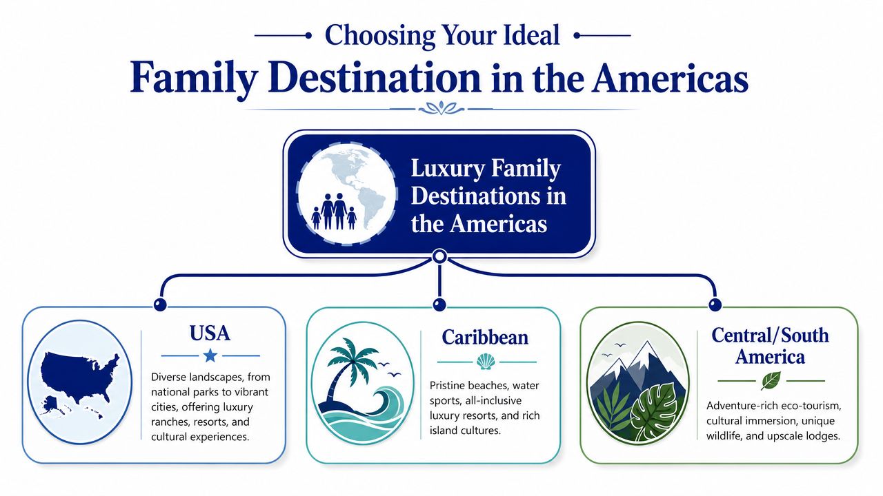 An infographic titled Choosing Your Ideal Family Destination in the Americas, detailing luxury vacation options.