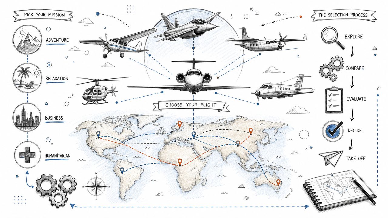 An illustrated diagram showing the process of planning and choosing personalized private aviation travel itineraries.