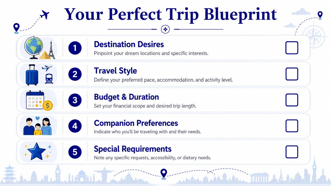 A checklist infographic titled Your Perfect Trip Blueprint for planning custom vacations and travel experiences.