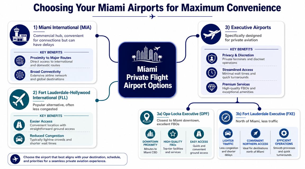 An infographic showing different airport options for private flights to Miami, including commercial and executive airports.