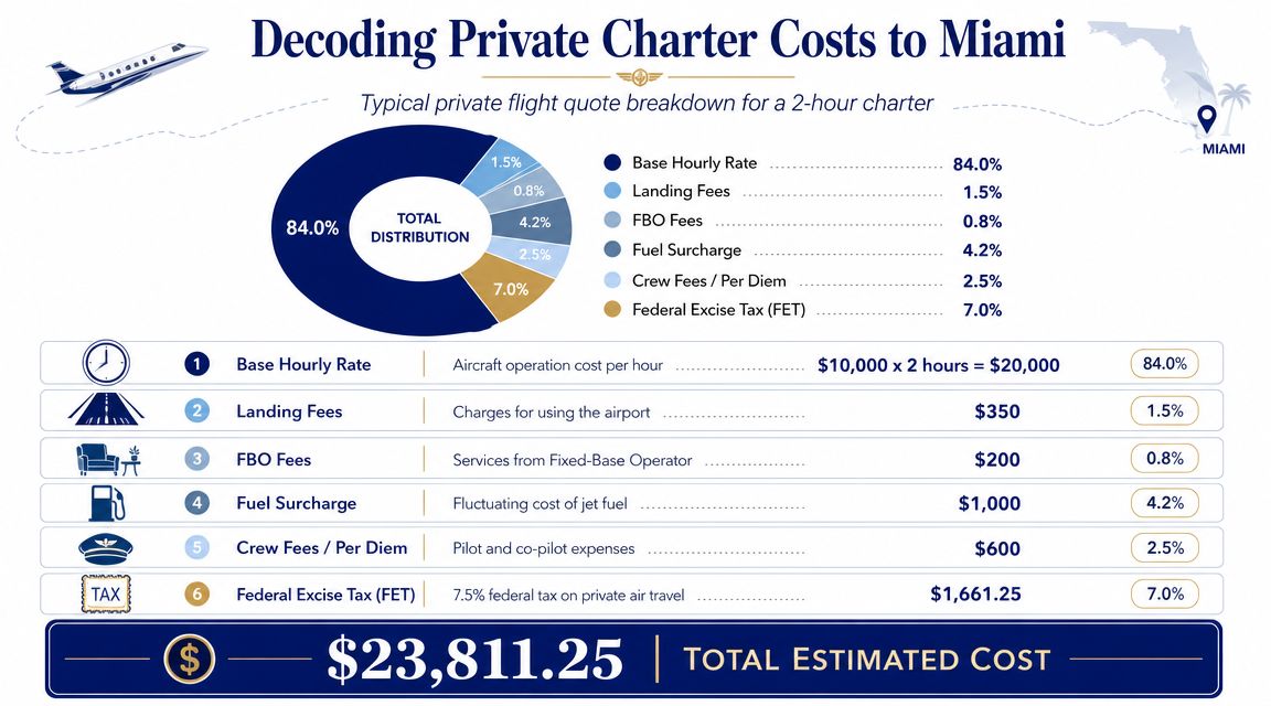 An infographic showing a cost breakdown for a two-hour private charter flight to Miami, Florida.