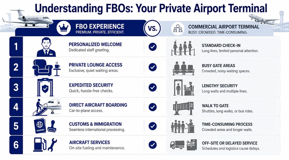 A comparison chart highlighting the benefits of using a private FBO airport terminal versus a commercial terminal.