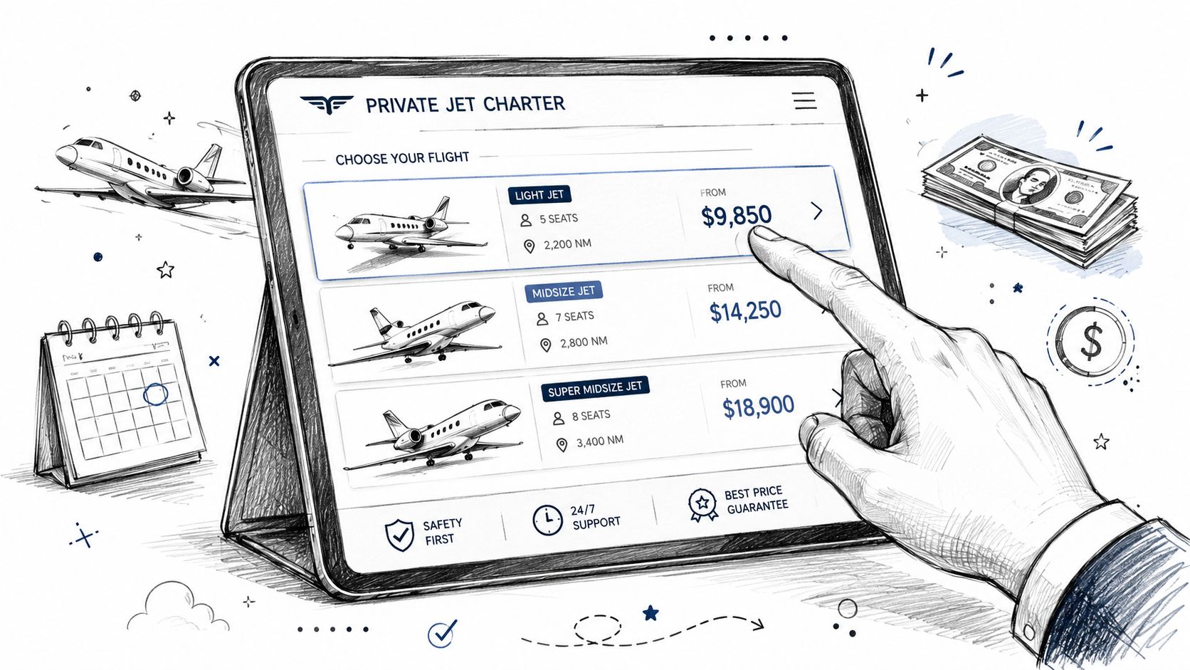 A hand selecting a flight option on a tablet screen for a private jet charter service.