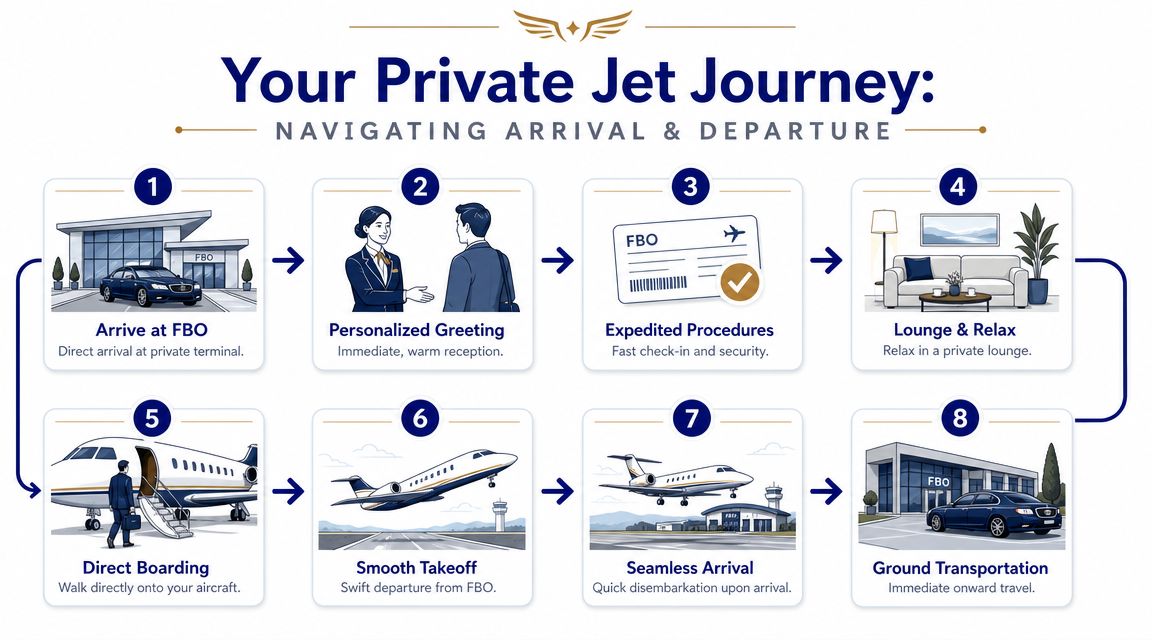 An infographic detailing the step-by-step process of a private jet journey from terminal arrival to destination.