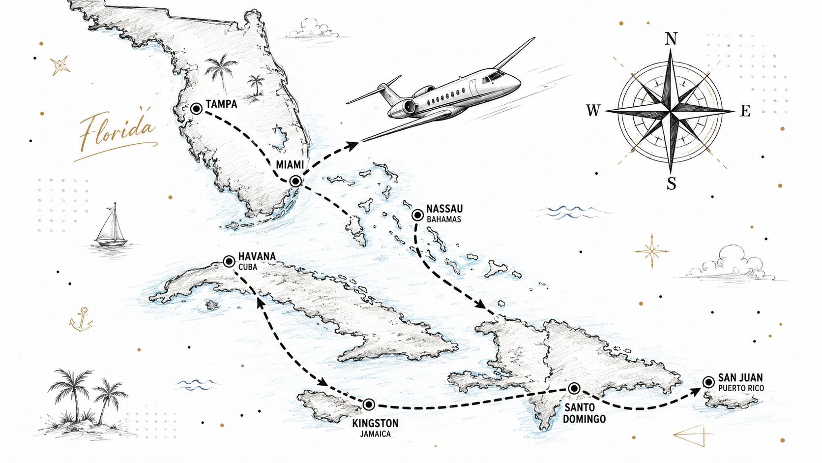 A hand-drawn map illustrating a flight path connecting Florida, the Caribbean islands, and travel destinations.