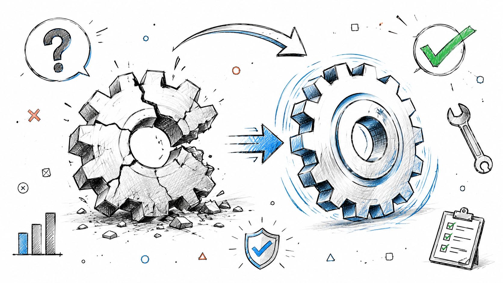 A conceptual illustration showing a broken gear being repaired and transformed into a functional, spinning gear.