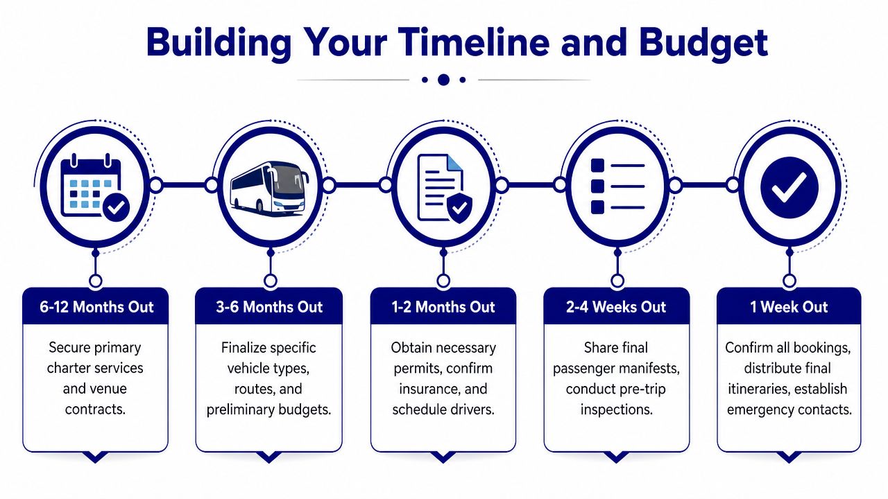 A five-step timeline infographic for planning special event transportation from 12 months out to one week before.